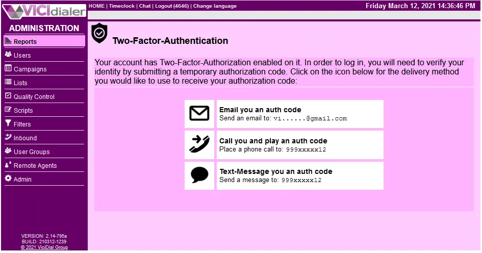 Two-Factor auth screen