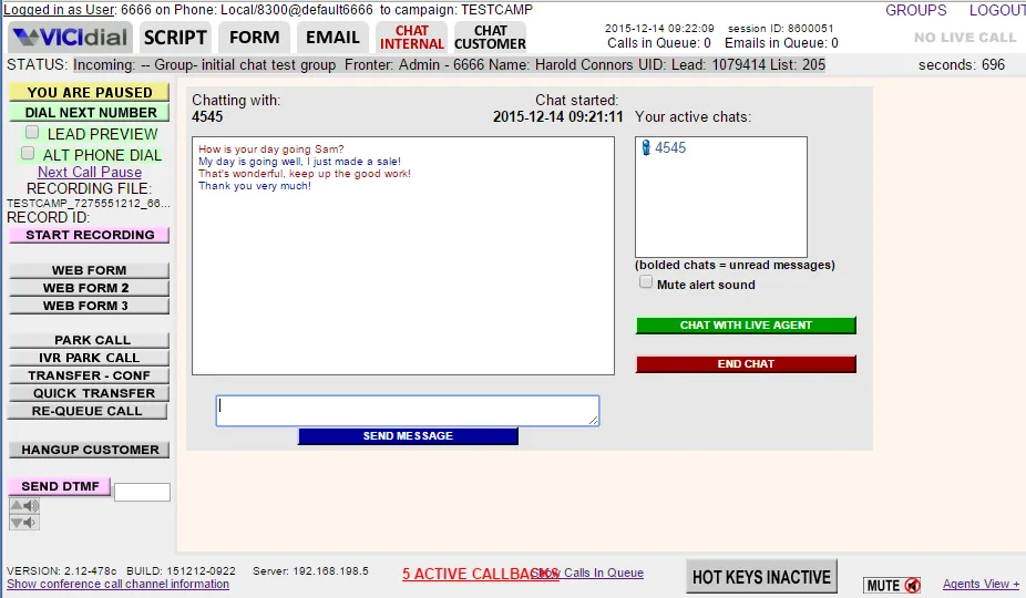 Agent screen internal chat